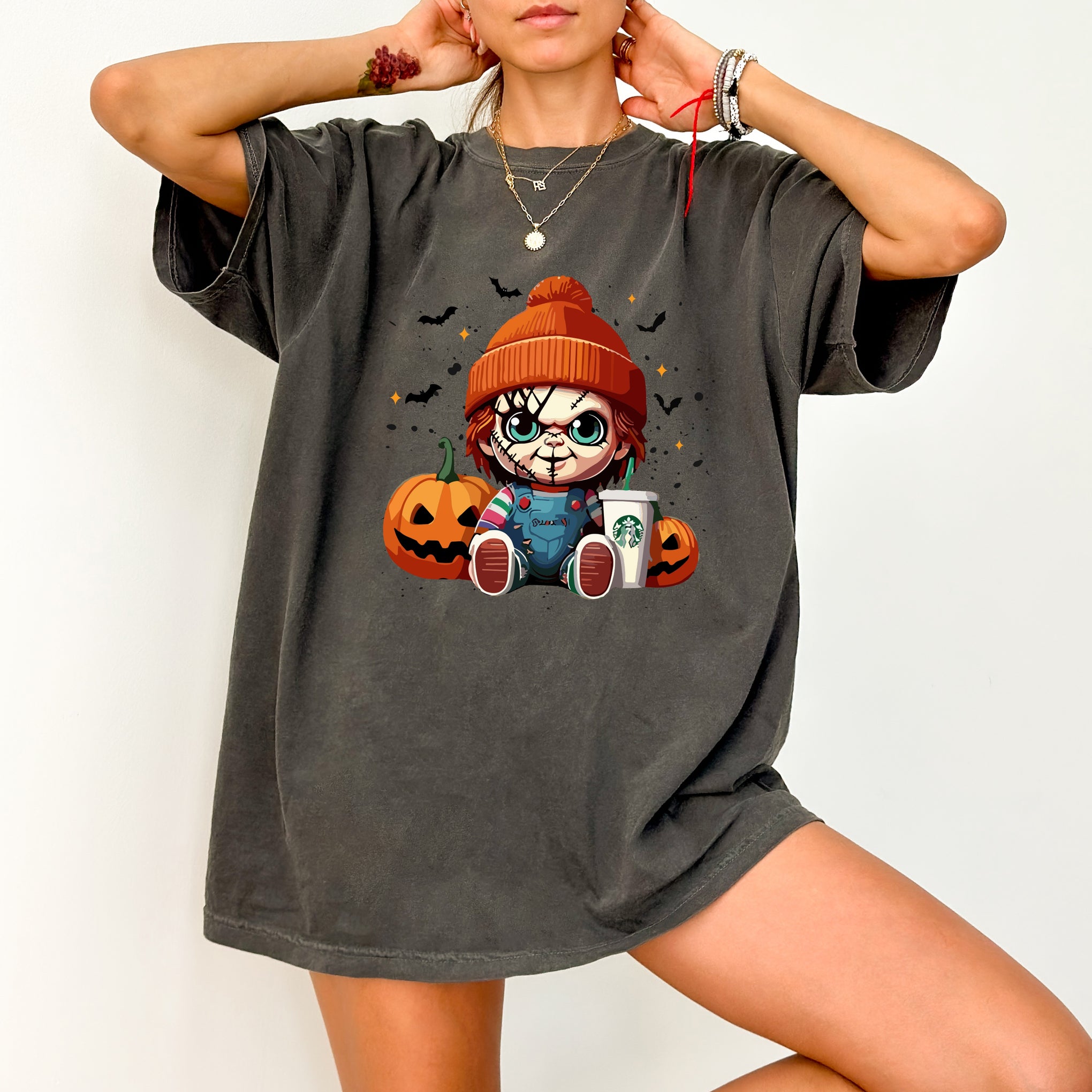 Cute Horror Halloween DTF Transfer Funny Iron-On for Coffee Lovers & Horror Fans Apparel
