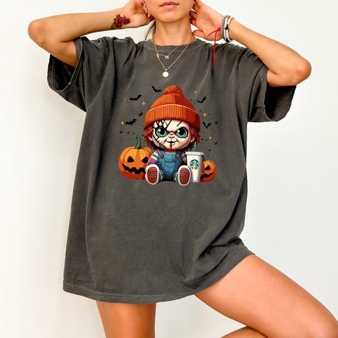 Cute Horror Halloween DTF Transfer Funny Iron-On for Coffee Lovers & Horror Fans Apparel
