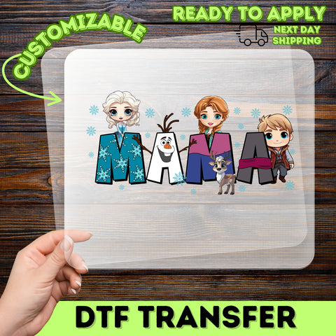 Frozen Inspired Cute Mama DTF Transfer for Family T-Shirt Ready to Press Ice Princess Chibi Style for Moms & Kids Apparel