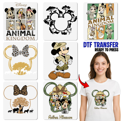 Cute Animated Safari Animal Kingdom DTF Transfer for Family Matching Theme Park Adventure, Ready to Press