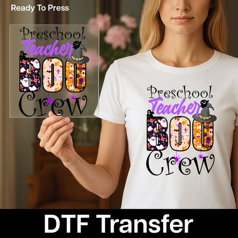 Cute Halloween Teacher Boo Crew DTF Transfer, Preschool Teacher Shirt Design, Ready To Press Iron-On for Halloween Apparel