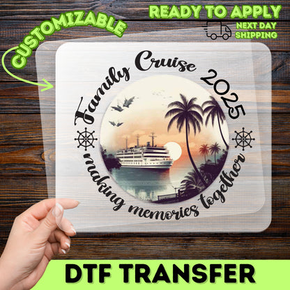 Nautical Family Cruise DTF Transfer for Travel Apparel, Ready to Press Vintage Sunset Palm Tee for Vacationers & Adventure Seekers