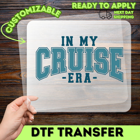 In My Cruise Era retro collegiate DTF transfer for fun group vacation t-shirt, ready to press iron-on cruise vibes apparel