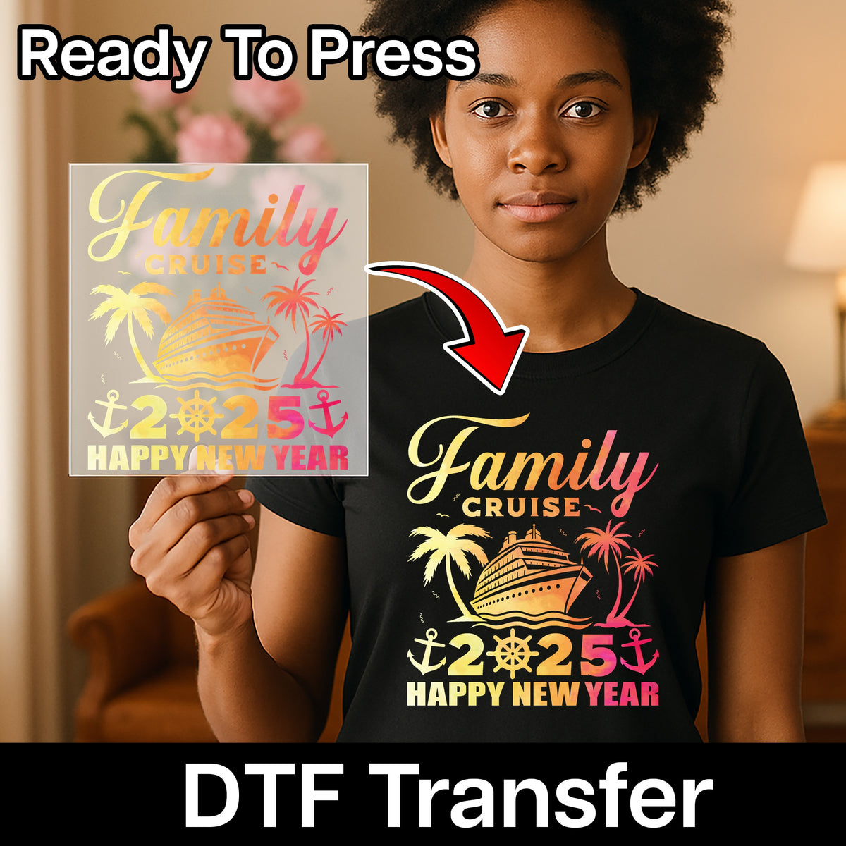 Iron-On New Year Cruise DTF Transfer 2025 | Retro Nautical Family T-Shirt & Apparel for Celebrations Ready to Press