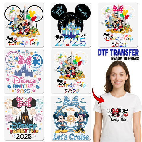 Family Vacation Cute DTF Transfer, Colorful Cartoon Travel Shirt Iron-On, Ready to Press Whimsical Family Trip Apparel for Groups