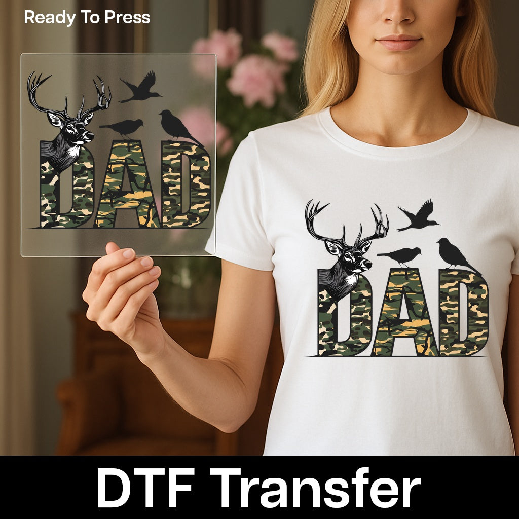 Hunting Camouflage Dad DTF Transfer for Father's Day Shirt Ready To Press Outdoor Wildlife Apparel Gift for Him