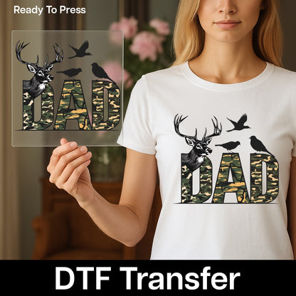 Hunting Camouflage Dad DTF Transfer for Father's Day Shirt Ready To Press Outdoor Wildlife Apparel Gift for Him