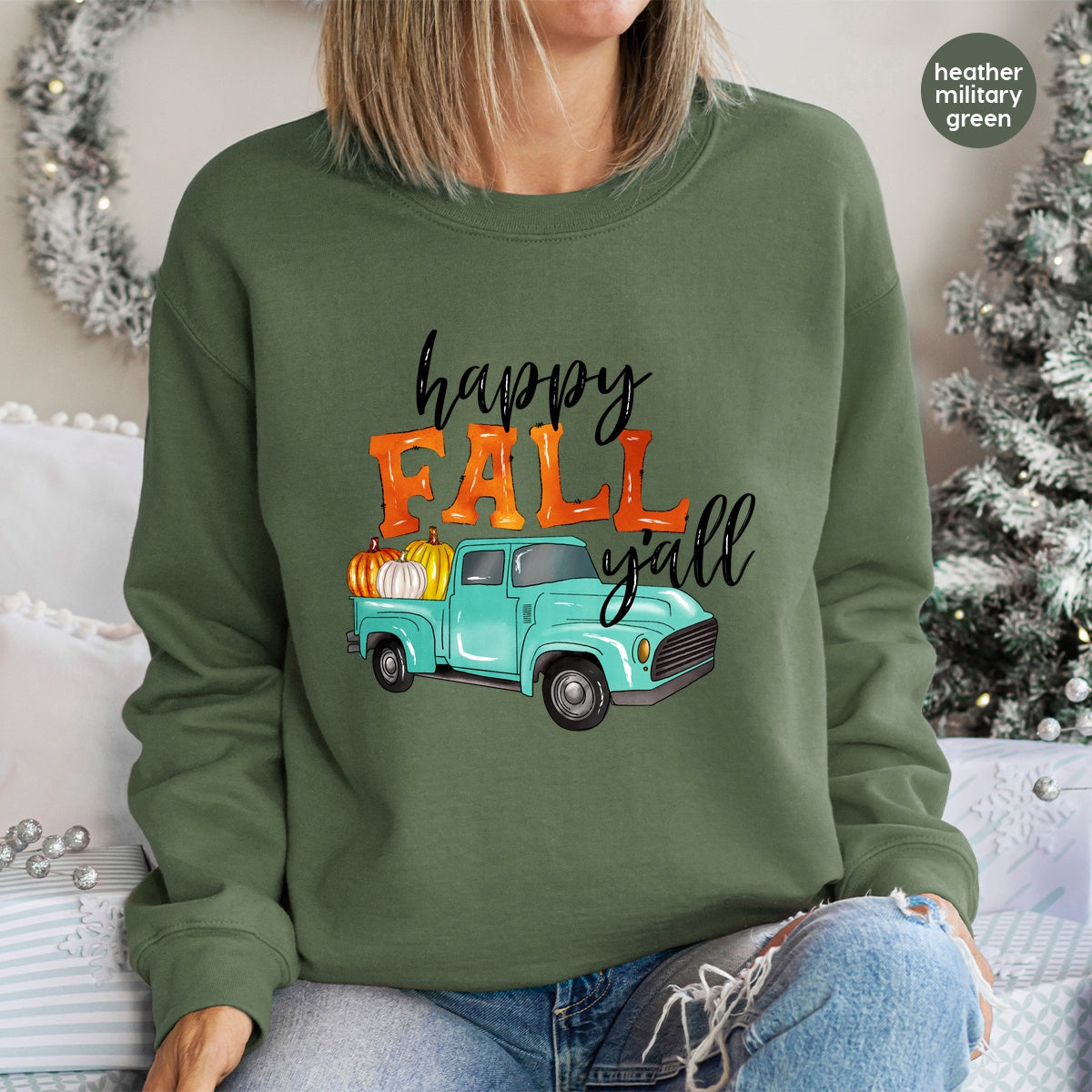 Vintage Teal Truck Fall DTF Transfer Cute Pumpkin Spice Autumn Harvest Iron-On for T-Shirt Apparel Rustic Farmhouse Charm