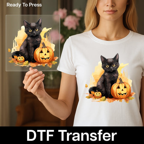 Cute Halloween Black Cat & Pumpkin DTF Transfer - Ready to Press Iron-On for Spooky Kids & Adult Apparel