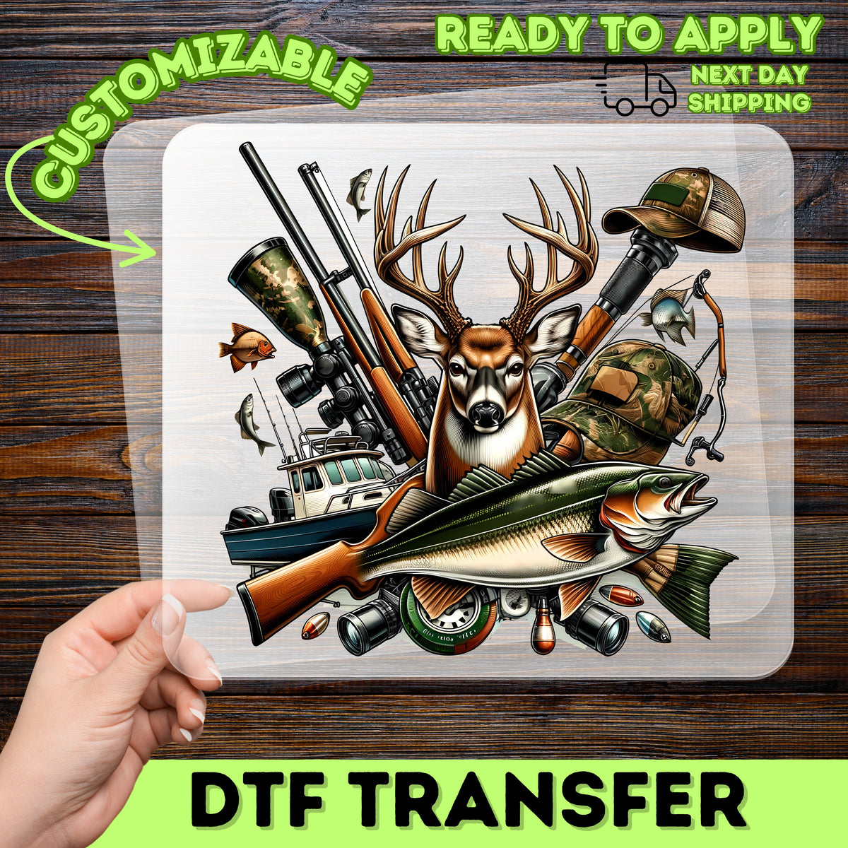 Outdoor Adventure Deer & Fish Realistic Hunting DTF Transfer for Hunting & Fishing Club Shirts & Apparel