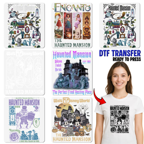Disney Halloween Haunted Mansion DTF Transfer Spooky Cartoon Ready To Press Retro Shirt Apparel for Family Trip