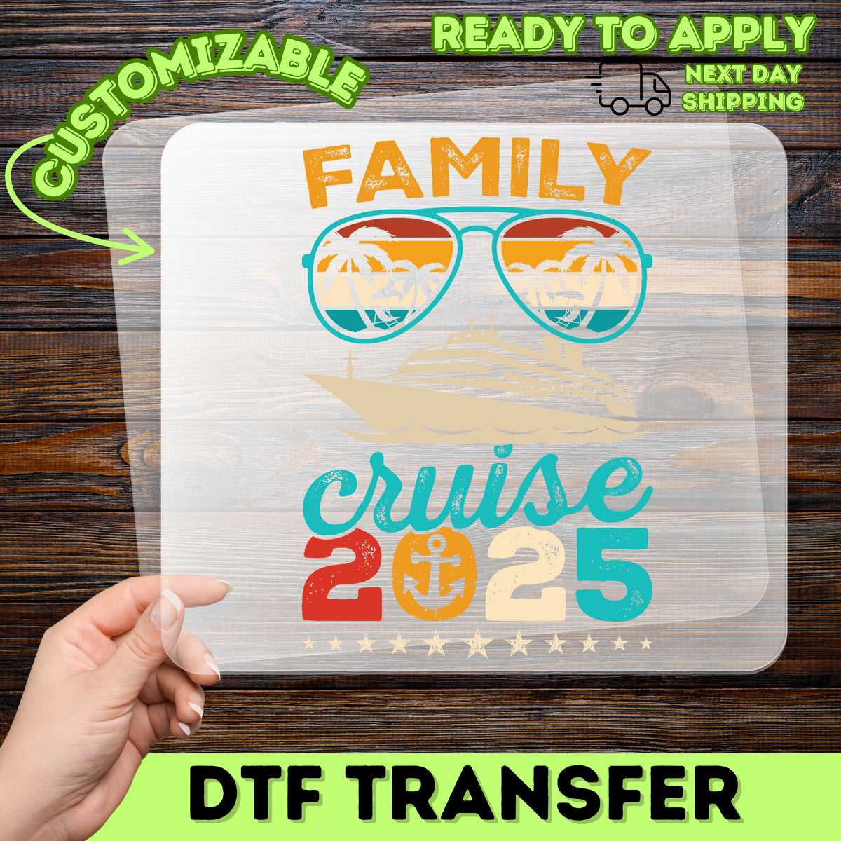 Iron-On Family Cruise Getaway 2025 Retro Vintage DTF Transfer for Fun Vacation T-shirts & Apparel, Ready to Press