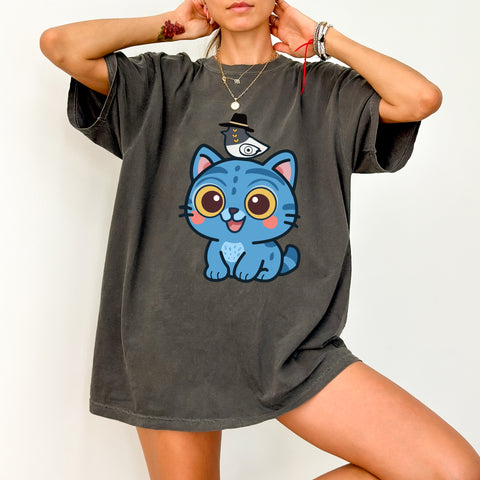 Cute Blue Cat & Bird Hat DTF Transfer for Kids & Family Apparel, Ready to Press Iron-On for Animal Lovers, Matching Event Shirts