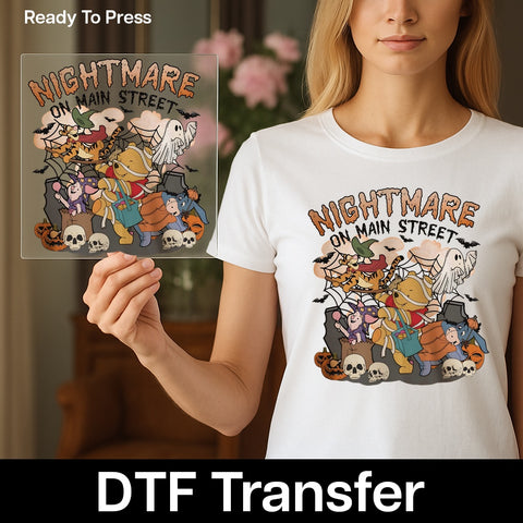 Funny Halloween DTF Transfer Iron-On Retro Cartoon Characters in Costumes Ready to Press T-Shirt for Family Group Party