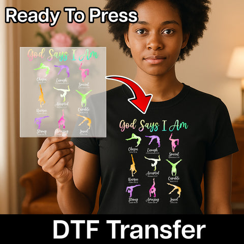 Inspirational Christian DTF Transfer for Gymnastics & Yoga Apparel God Says I Am Ready To Press Iron-On Affirmation