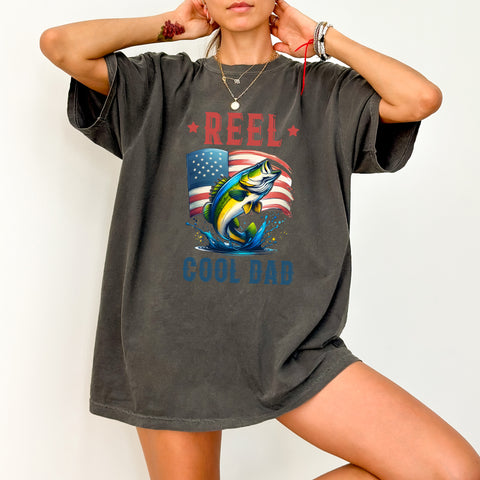Reel Cool Dad Patriotic DTF Transfer for Father's Day Shirt, Ready to Press Fishing Humor, Perfect for Patriotic Apparel Gifts