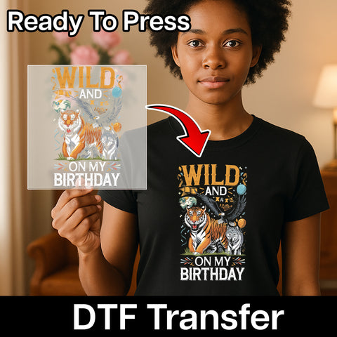 Wild & Adventure DTF Transfer Birthday Shirt for Teens & Adults Funny Animal Party Iron-On