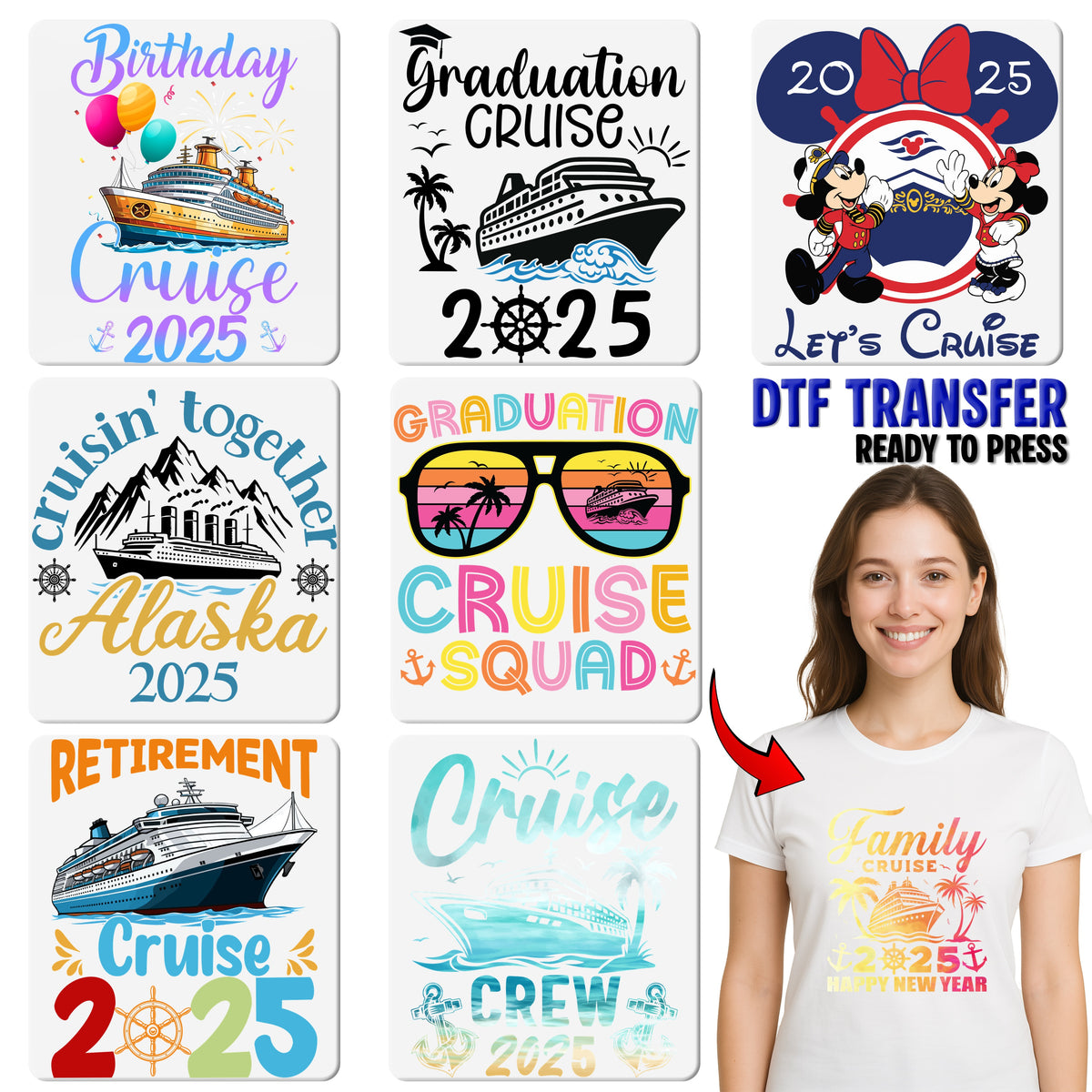 Family Cruise 2025 DTF Transfer for T-Shirt Ready To Press Nautical Tropical Apparel Ideal for Family Reunions & Getaways