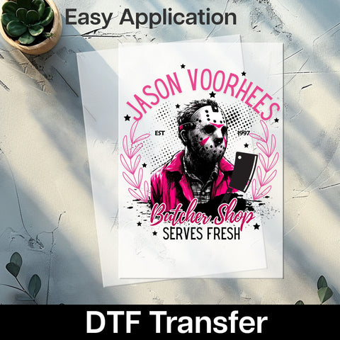 Iron On Funny Halloween Jason Voorhees Butcher Shop DTF Transfer for Horror Fans Shirt & Sweatshirt Design