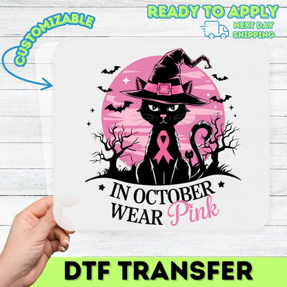 Black Cat Witch Hat Pink Ribbon Halloween DTF Transfer Iron-On for T-Shirt Breast Cancer Awareness Apparel