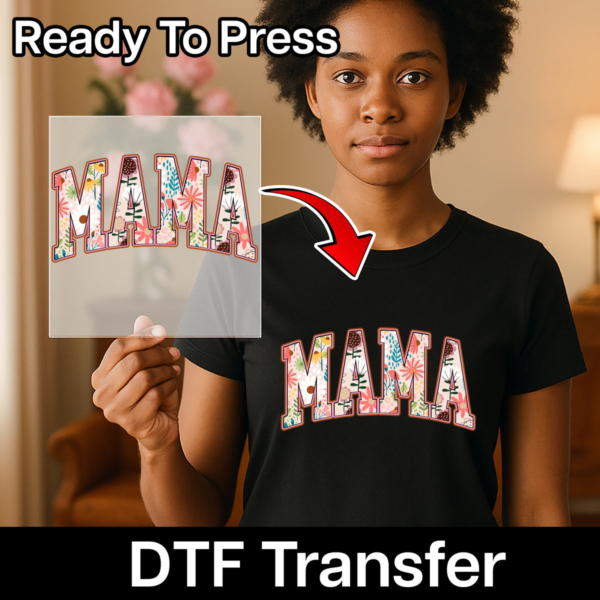 Cute Floral Mama Retro DTF Transfer for T-Shirt - Mother's Day Iron-On Ready To Press Fun Gift for Moms Apparel