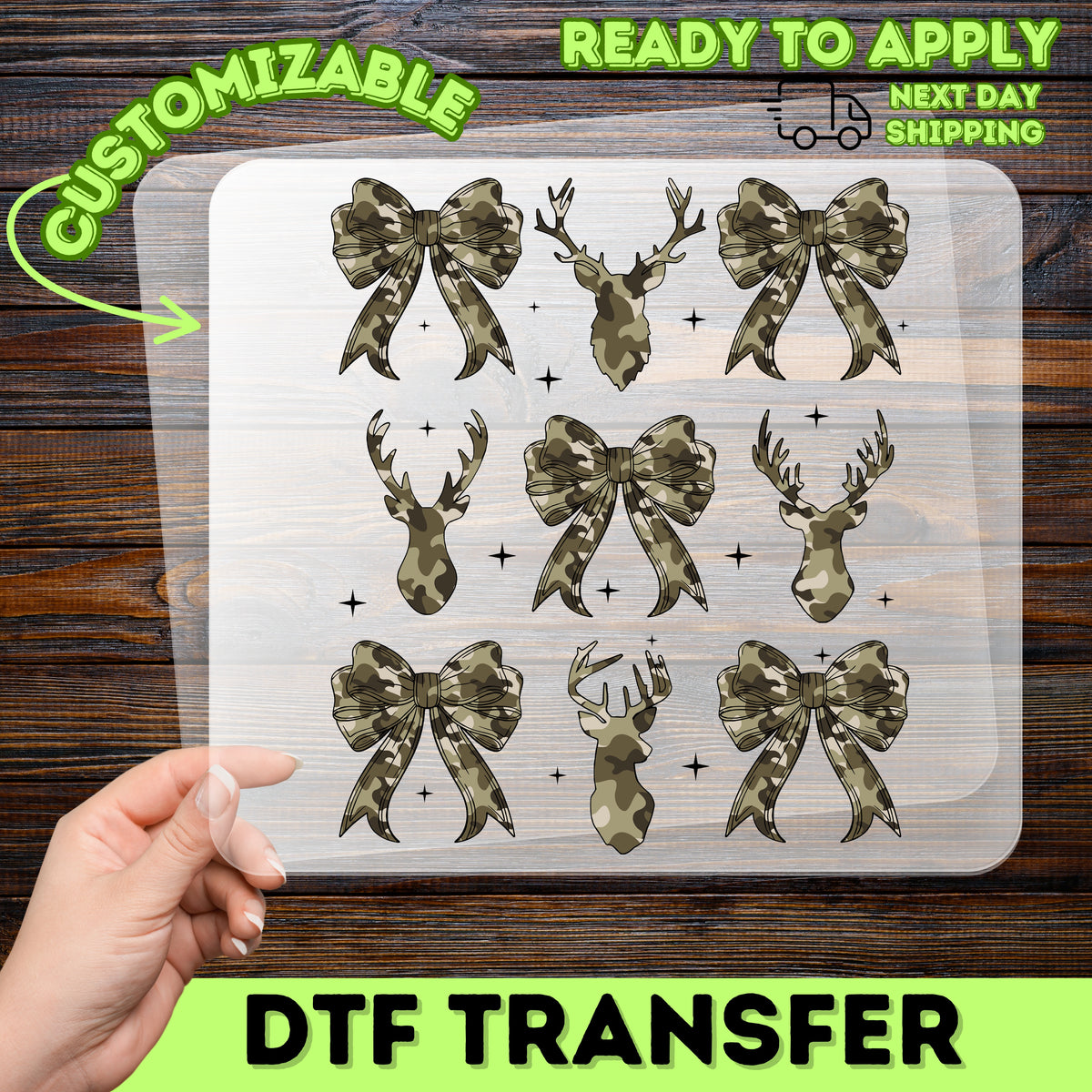 Camo Deer & Bows DTF Transfer for Outdoor Adventure Shirts, Rustic Nature Lover Apparel Ready To Press