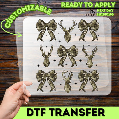Camo Deer & Bows DTF Transfer for Outdoor Adventure Shirts, Rustic Nature Lover Apparel Ready To Press