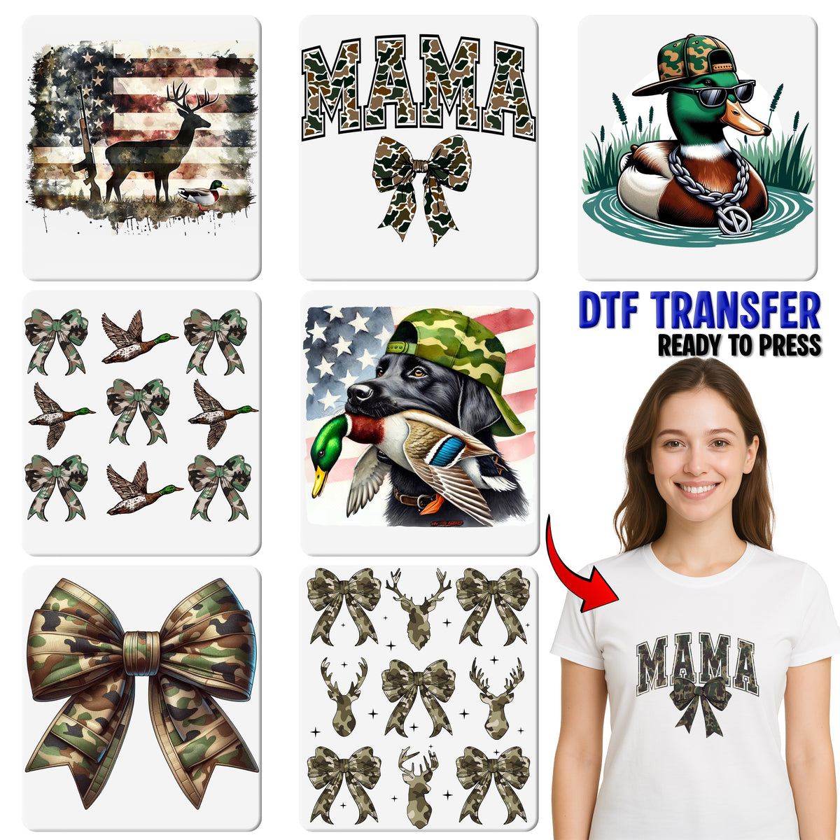 Camouflage Bow & Mallard Duck Hunting-Themed DTF Transfer for Rustic Nature Enthusiast Apparel