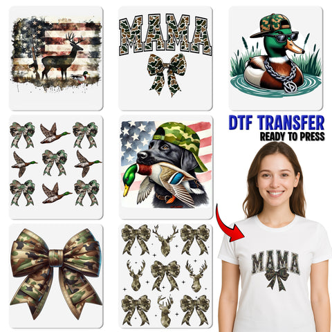 Camouflage Bow & Mallard Duck Hunting-Themed DTF Transfer for Rustic Nature Enthusiast Apparel