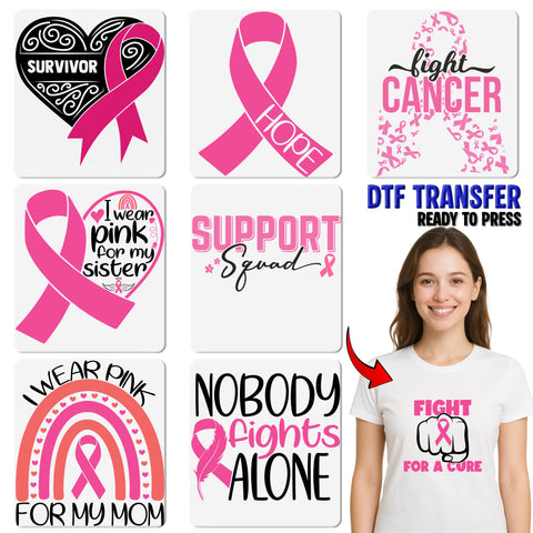 Iron-On Breast Cancer Awareness DTF Transfer for T-shirts & Sweatshirts - Support & Unity with Pink Ribbon, Ready to Press for Groups