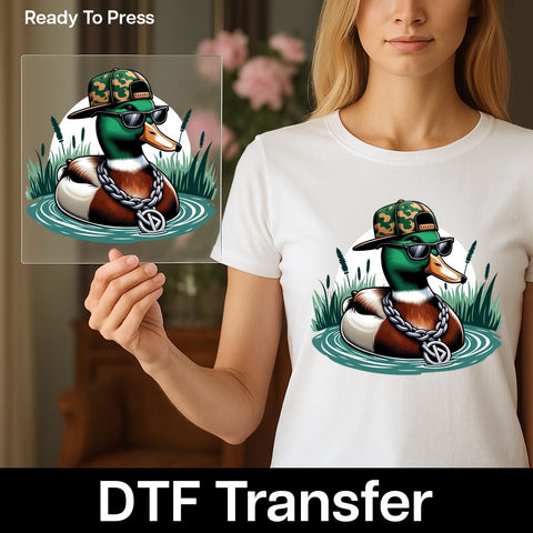 Cool Duck with Sunglasses DTF Transfer for Urban Hip-Hop Animal T-Shirt, Funny Camo Cap Duck Ready To Press Iron-On