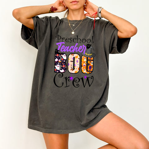 Cute Halloween Teacher Boo Crew DTF Transfer, Preschool Teacher Shirt Design, Ready To Press Iron-On for Halloween Apparel