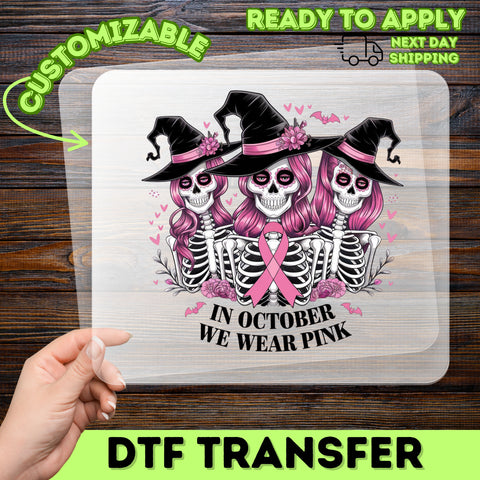 Cute Gothic Halloween Skeleton Witches DTF Transfer for Spooky Pink Ribbon Apparel & Breast Cancer Awareness