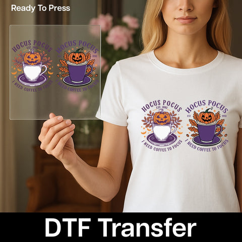 Funny Halloween Coffee DTF Transfer, Hocus Pocus Iron-On for T-Shirt, Cute Retro Pumpkin Design, Ready To Press DTF