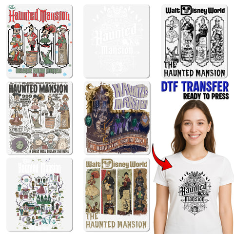 Spooky Halloween DTF Transfer Haunted Mansion Cartoon Iron-On for Family & Groups on T-Shirts & Sweatshirts