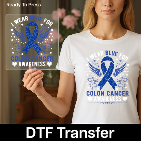 Inspiring Colon Cancer Awareness Blue Ribbon DTF Transfer Ready To Press T-Shirt for Healthcare Workers & Families