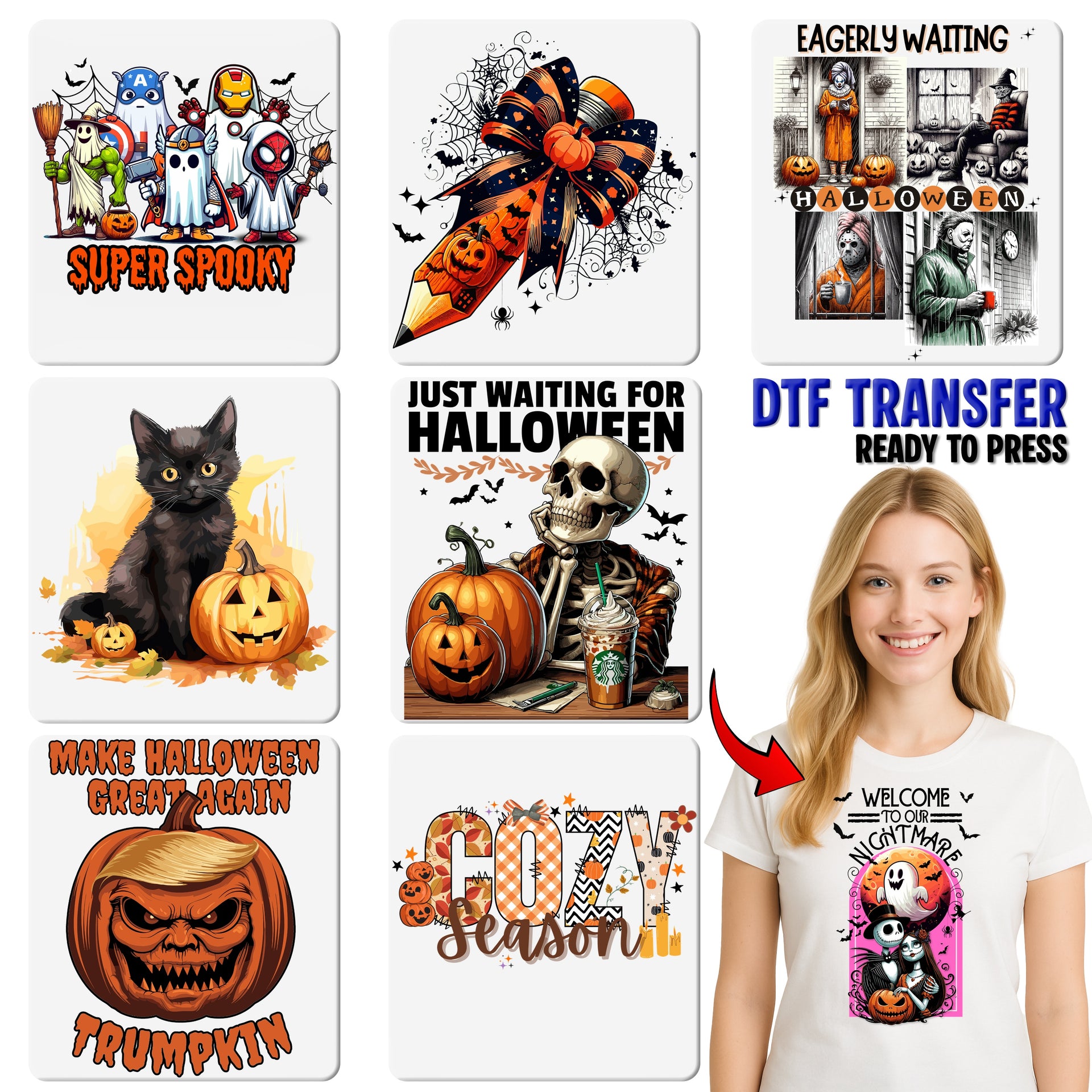 Cute Halloween Black Cat & Pumpkin DTF Transfer - Ready to Press Iron-On for Spooky Kids & Adult Apparel