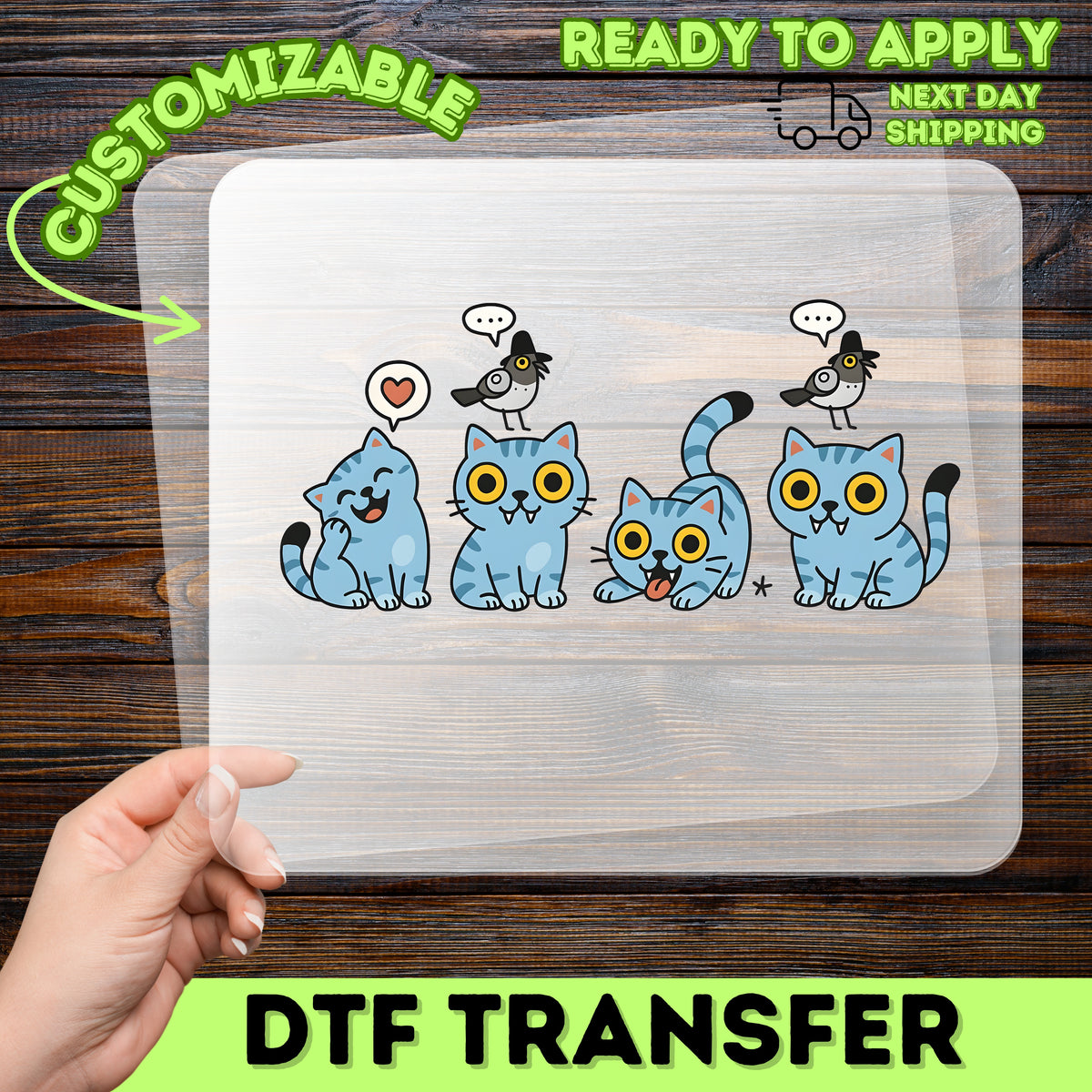 Cute Cats & Birds DTF Transfer Ready To Press Iron-On for Pet Lovers Apparel Fun Holiday Gift