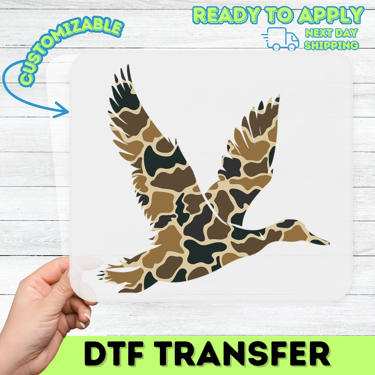 Camouflage Duck DTF Transfer for Outdoor Enthusiasts Iron-On Nature Wildlife Apparel Ready To Press Eco-Friendly T-Shirt