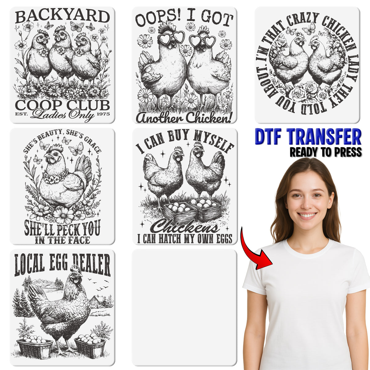 Funny Chicken DTF Transfer for Farm Lovers in Heart Sunglasses Cute Rustic Chickens Ready to Press Iron-On T-Shirt Gift