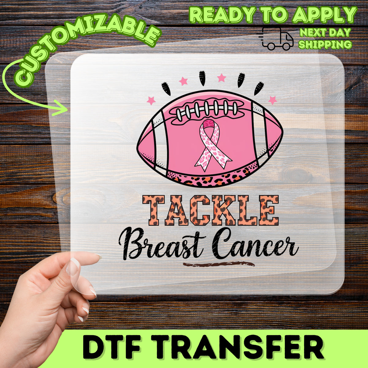 Breast Cancer Awareness Football Pink Ribbon DTF Transfer Iron-On for Sports Team Cute Varsity T-Shirt Apparel