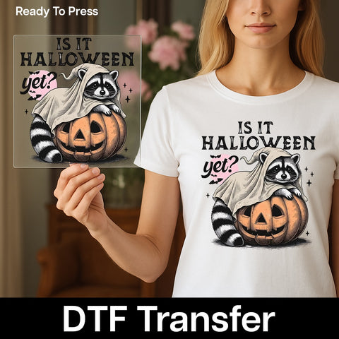Cute & Funny Halloween Raccoon Iron-On Ready To Press DTF Transfer for Family T-Shirts or Sweatshirts