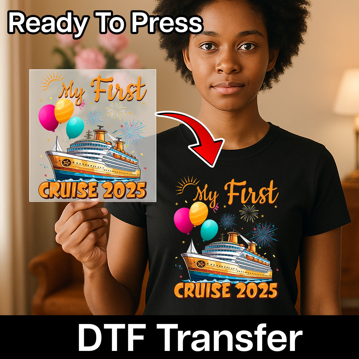 Cute First Cruise 2025 DTF Transfer Ready To Press For Family & Group Vacation T-Shirt Apparel, Celebratory Travel Theme