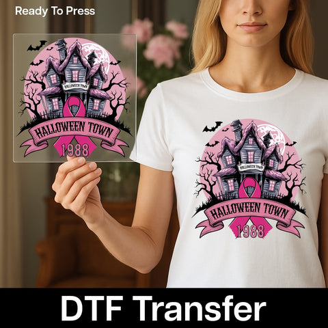 Iron-On Gothic Halloween Breast Cancer Awareness DTF Transfer - Spooky Haunted House Cute Apparel for October Events