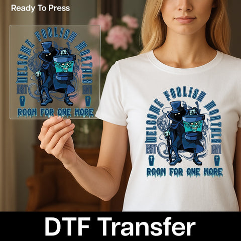 Spooky Ghostly DTF Transfer, Halloween Haunted Character Iron-On for Shirts, Funny Retro Theme, Welcome Foolish Mortals Apparel