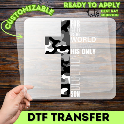 Religious Camouflage Cross Iron-On DTF Transfer Christian Scripture Shirt for Church Group & Faith Apparel