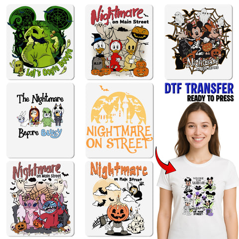 Funny Halloween DTF Transfer Iron-On Retro Cartoon Characters in Costumes Ready to Press T-Shirt for Family Group Party