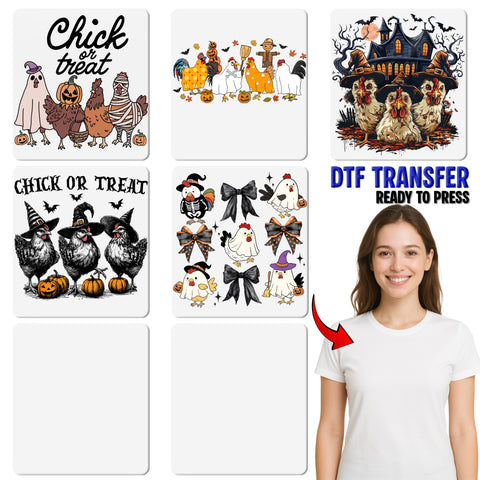 Funny Halloween Witchy Chicken DTF Transfer Ready to Press Iron-On for Family T-Shirt Ghostly Farmhouse Apparel