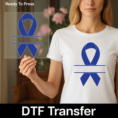 Ready to Press Blue Awareness Ribbon DTF Transfer for Charity Event T-Shirts, Support Group Apparel & Healthcare Gifts