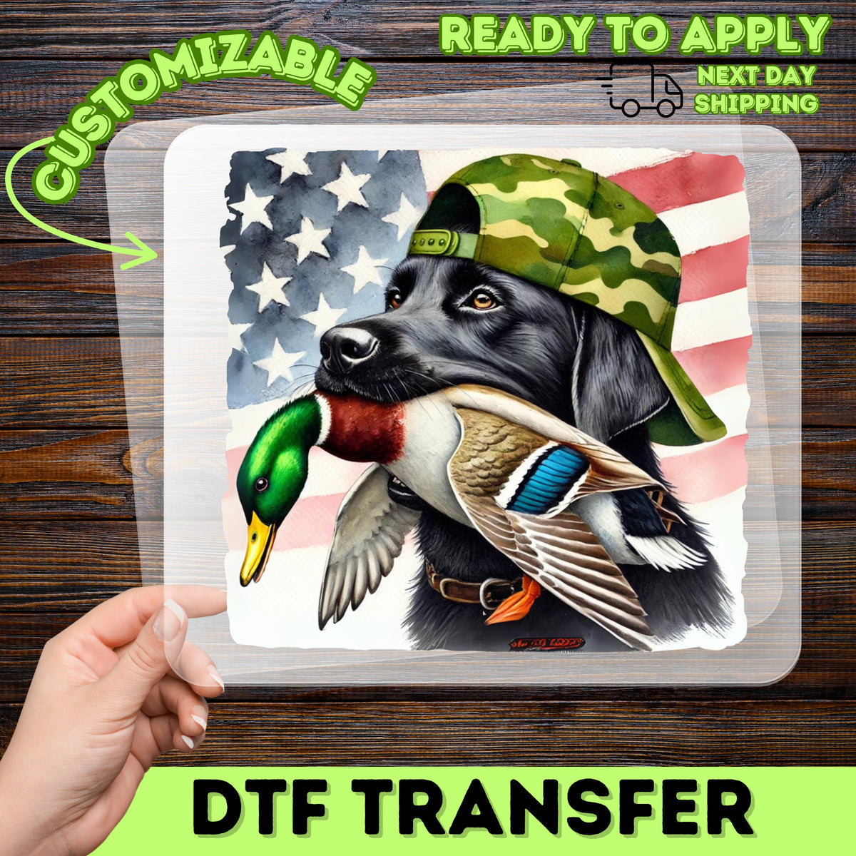 Realistic Hunting Dog with Duck DTF Transfer, Patriotic Labrador Iron-On for Outdoor Enthusiasts Apparel, Perfect for Hunting Shirts & Hoodies